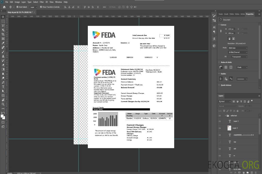 Modèle de facture de services publics des Forces électriques d'Andorre d'Andorre aux formats Word et PDF template